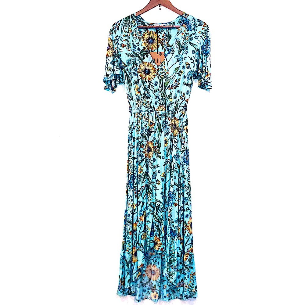 ANTHROPOLOGIE OSAKA PEACOCK BOHO MAXI FLUTTER DRESS XS NEW WITH TAGS